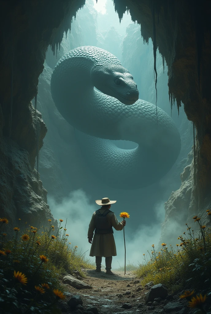 The farmer enters a dark, eerie cave where a giant snake offers him immortality if he can pass a test. The farmer, still greedy, is shown picking a poisonous flower inside the cave, unaware of the cave starting to collapse around him. The background shows falling rocks and dust, while the snake watches with a sinister smile. The mood is tense and foreboding."
