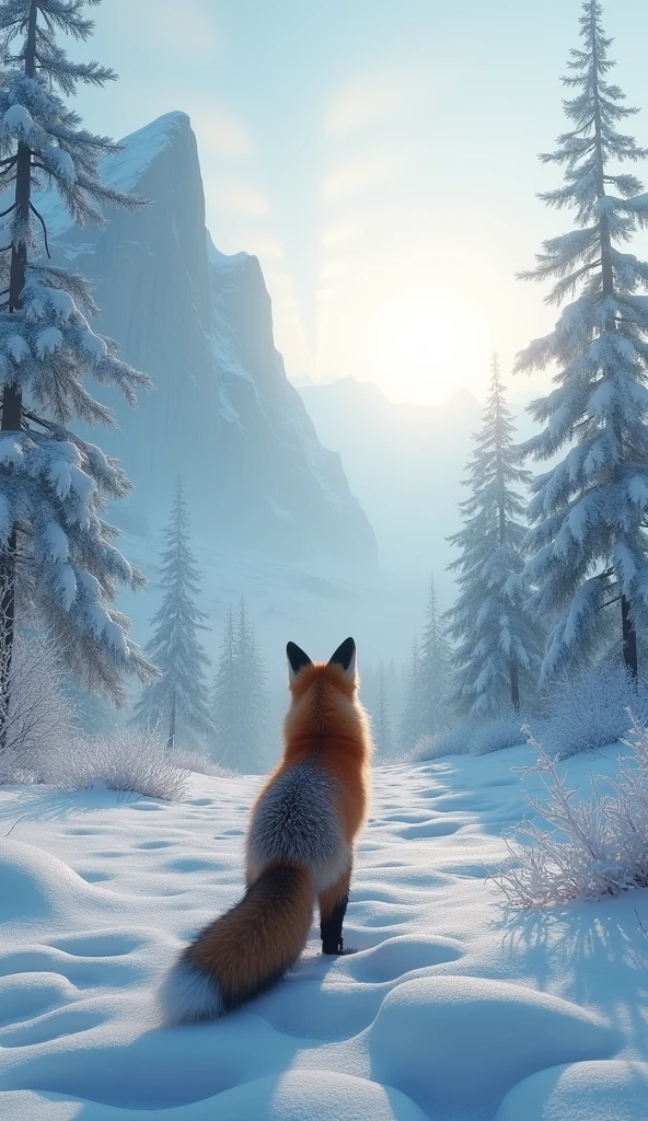 Surrealism、masterpiece、best quality、Film Grain、RAW photos、Magnificent views、wallpaper、Frozen morning landscape、Fresh Snow、fox&#39;rear view of、Sun pillar、Rime on deciduous trees:1.5、