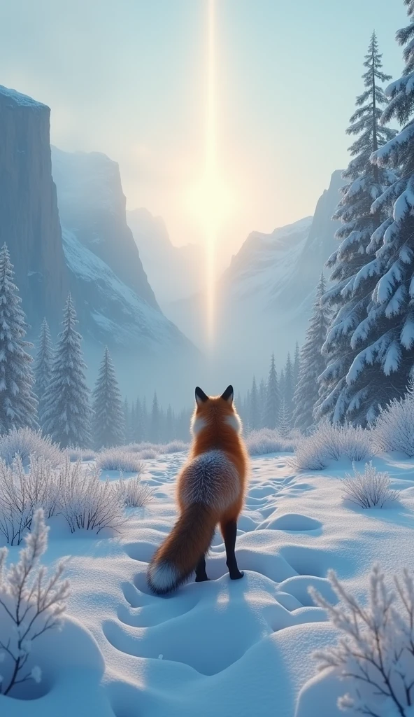 Surrealism、masterpiece、best quality、Film Grain、RAW photos、Magnificent views、wallpaper、Frozen morning landscape、Fresh Snow、fox&#39;rear view of、Sun pillar、Rime on deciduous trees:1.5、