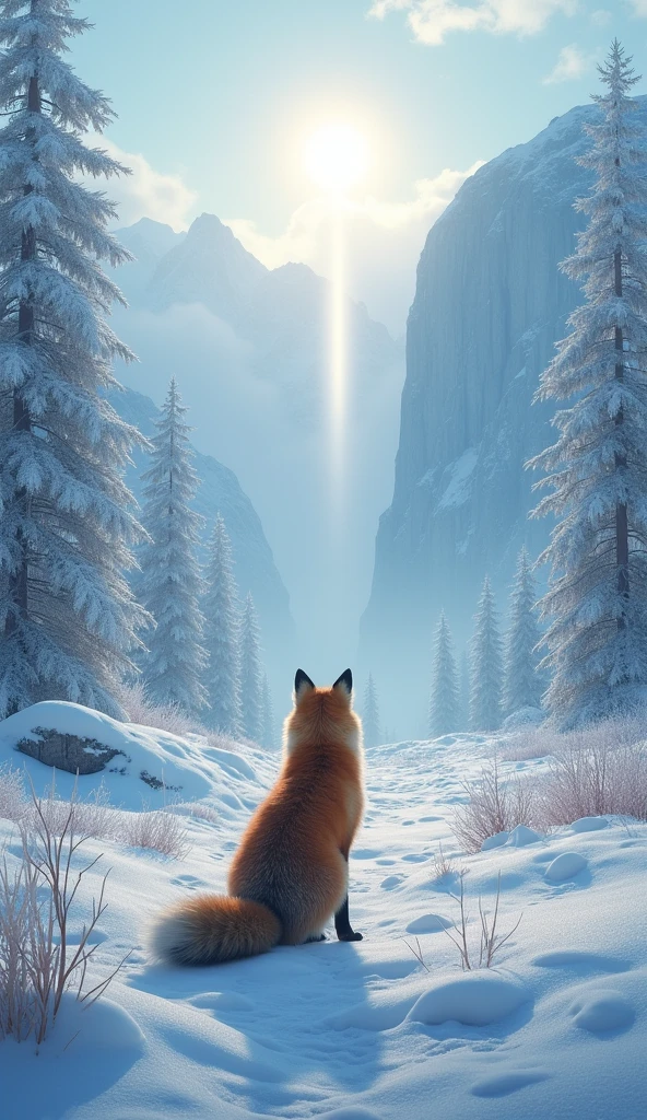 Surrealism、masterpiece、best quality、Film Grain、RAW photos、Magnificent views、wallpaper、Frozen morning landscape、Fresh Snow、fox&#39;rear view of、Sun pillar、Rime on deciduous trees:1.5、