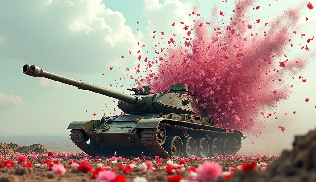 flowers destroy tanks and tank explodes with flower petals