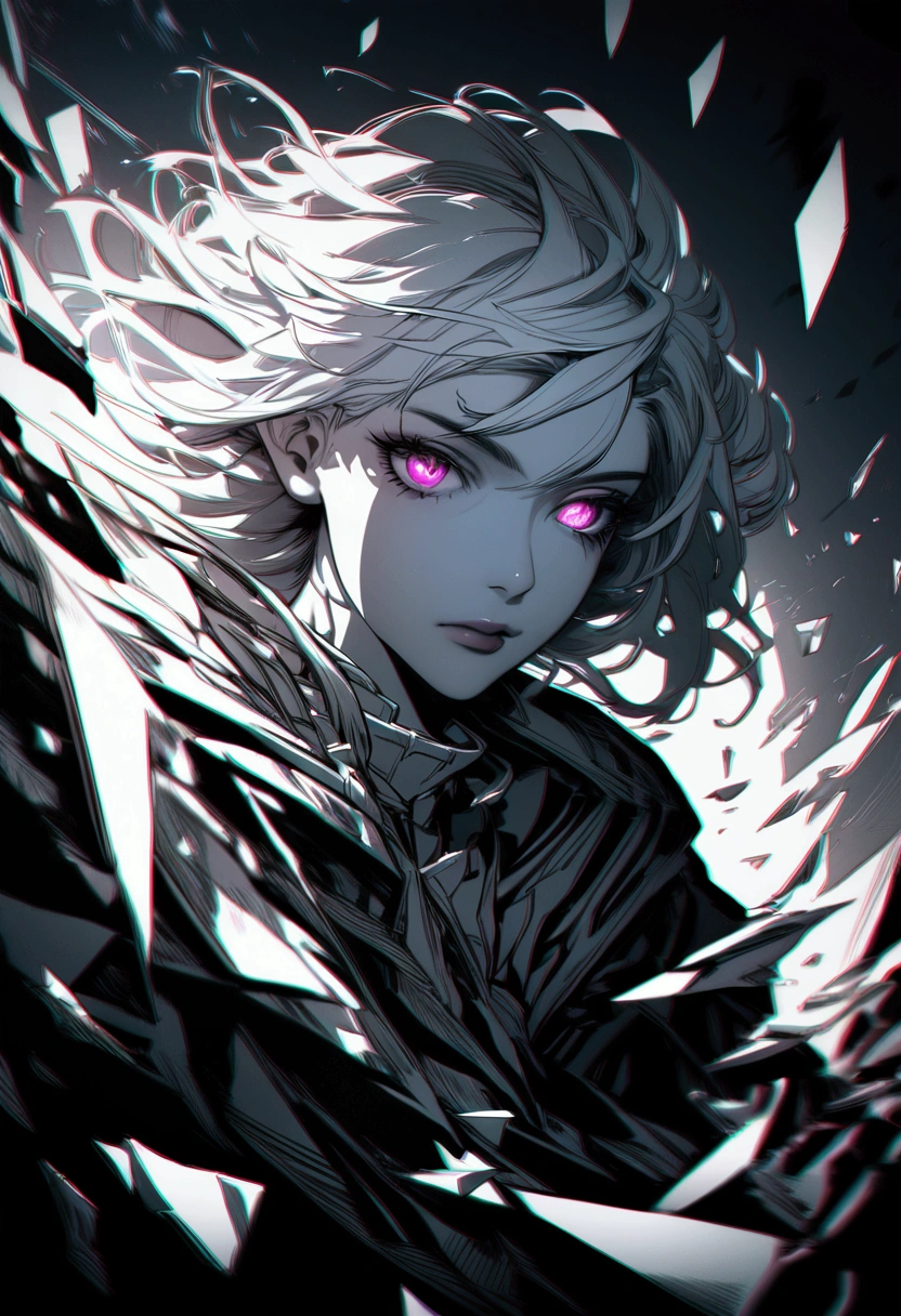 Diamond eyes, dark fantasy, white hair, broken glass shards,sharp focus, glitchy, line art, manga art, high contrast, chromatic aberration, motion blur, dynamic lighting, close-up, UHD, high quality, anime, realistic, aesthetic