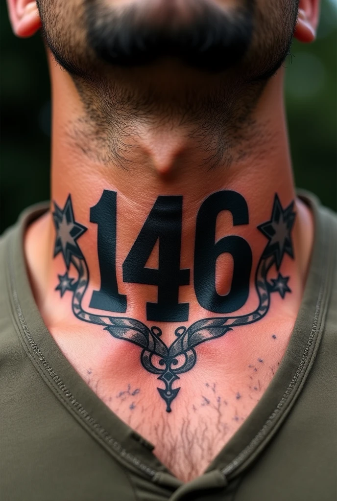 Fait moi un tatouage sur la gorge devant avec marqué « 146 » avec un design autour style américain 