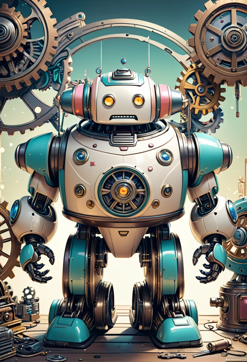 a cute and chubby retro robot, nostalgic sci-fi, vintage, antique, comic, cartoonish, detailed gears and mechanics, pastel colors, soft lighting, whimsical, fantasy, highly detailed, intricate design, award winning, photorealistic, 8k