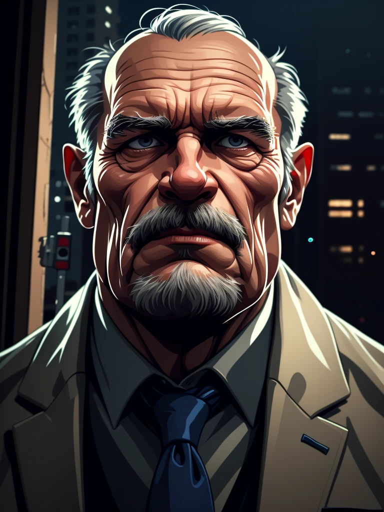 a portrait of an old man wearing a suit, upperbody, standing in a city background, mwvector, 8k, high quality, photorealistic, detailed wrinkles, detailed facial features, detailed texture, cinematic lighting, dramatic shadows, moody color palette, warm tones