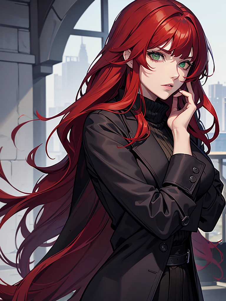 green eyes, red hair with long bangs, noble, mafia. sadistic women, wavy long hair. wear black purple jacket. strong woman. background in winter