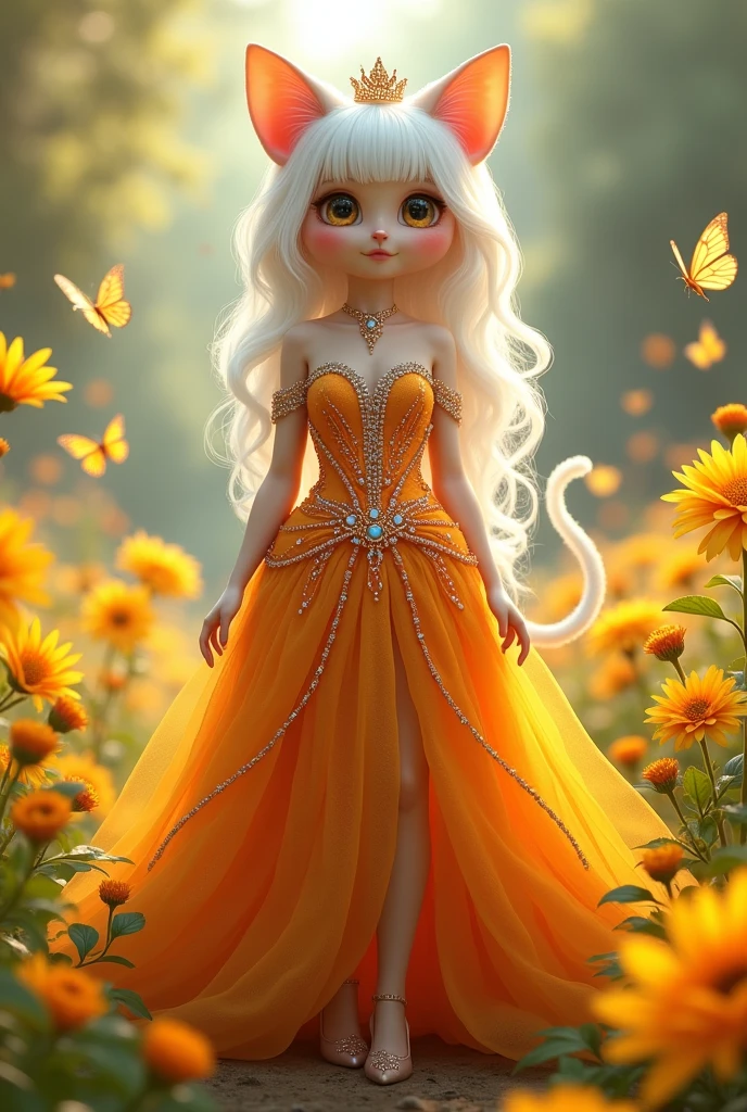 A young cat princess with a beautiful chest and a beautiful waist, white hair, rainbow hair, bangs, long hair, beautiful face, tall, big eyes, very cute, wearing a sparkling orange princess dress, a long dress with beautiful diamonds, can see the whole body, wearing high heels, wearing a crown, in a very wide flower garden, her yellow flowers have a lot of butterflies flying.