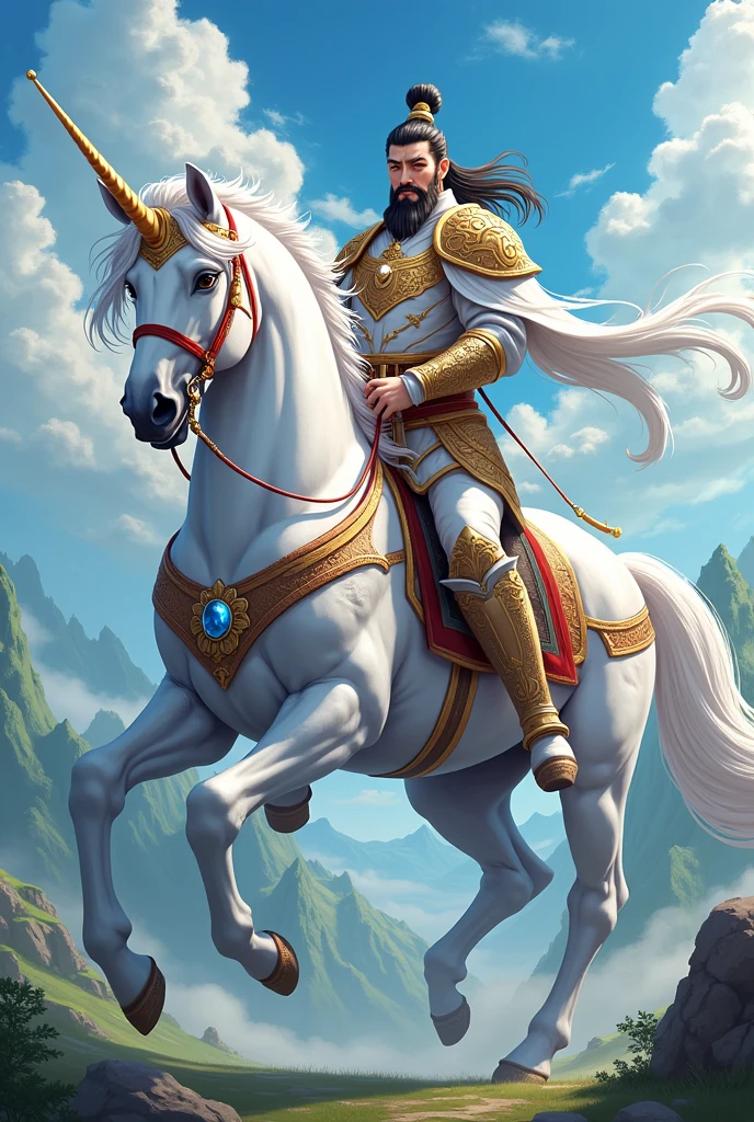 legendary chinese warrior zhao yun, with white and gold armor and helmet, riding crystal horn unicorn, anime style, chinese style
