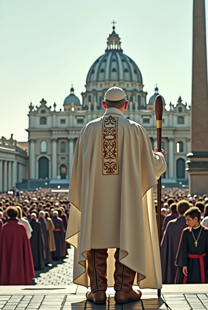 Scene set in St. Peter's Square in the Vatican. The focal point of this image is the Pope and the brown leather laceless, zippered, high-top boots that the Pope is wearing. The Pope wears a white robe with a mantle and holds a long papal staff. The backdrop is St. Peter's Square in the Vatican filled with people. The scene captures the moment of religious significance and the historical and artistic richness of St. Peter's Square. Ultrarealistic Ultrarealistic photo, 16k, ultra high resolution, photorealistic, Ultra HD