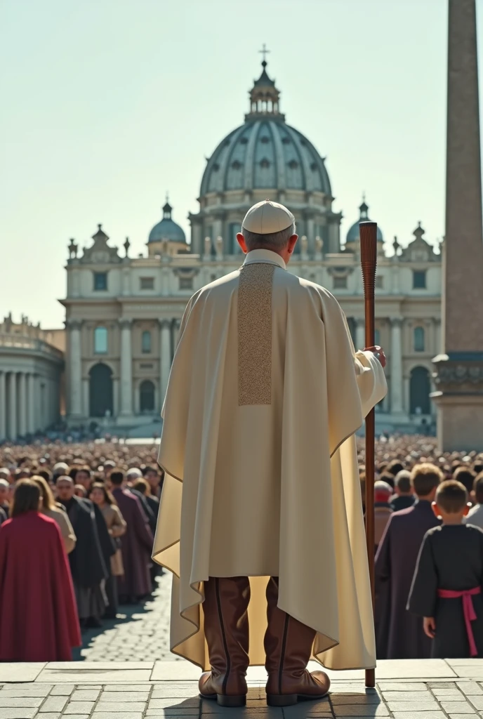 Scene set in St. Peter's Square in the Vatican. The focal point of this image is the Pope and the brown leather laceless, zippered, high-top boots that the Pope is wearing. The Pope wears a white robe with a mantle and holds a long papal staff. The backdrop is St. Peter's Square in the Vatican filled with people. The scene captures the moment of religious significance and the historical and artistic richness of St. Peter's Square. Ultrarealistic Ultrarealistic photo, 16k, ultra high resolution, photorealistic, Ultra HD