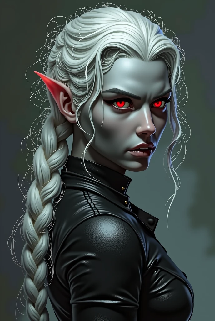 Physical Features: Sylara is a tall, slender Dunmer with ashen gray skin, typical of her race. Her eyes are a piercing red, symbolizing her connection to the dark arts, and her long white hair is often tied back in a loose braid.