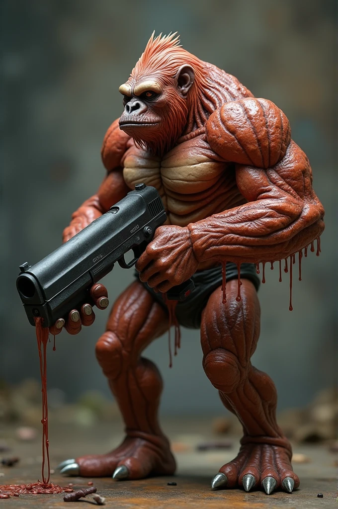 ((best quality)), ((masterpiece)), (detailed) freaky meatball with skinny legs holding a large gun, that had a head of a gorilla