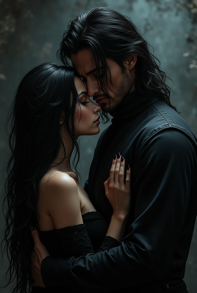Black haired woman with a very very handsome long black haired man in dark romance style