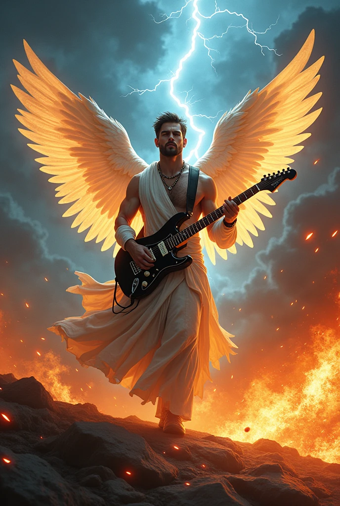 Male angel playing electric guitar in the middle of a thunderstorm and flames with great passion