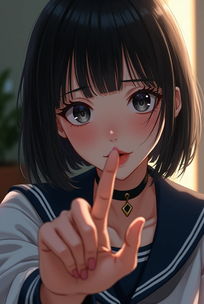realism pov near distance wet figure fingertips touch own lips with self hand while kneering down and approaching aggressivery for a kiss neat pure beauty girl is beautiful japanese female and beautiful russian female mixed race only in the face age is 15 features of the whole body black hair medium straight bob cut hair style beautiful small face with short eyelashes boyish eyes only high nose dark blue pupils very thin upper lip milky white skin accurate attractive body shape beautiful nomal size bust waist hips thighs knees legs choker and tie on neck school uniform with pulling up dark blue skirt showing panties half opend eyes shy enamored face kindly and slight