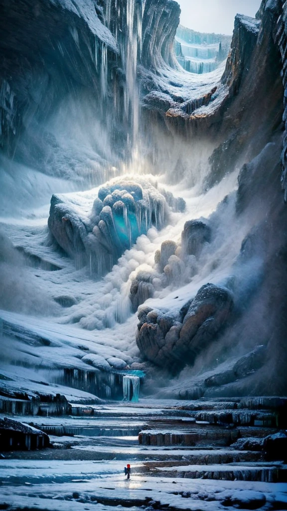 In front view of frozen cave、A man stands in the middle, Icy, Surreal frozen landscape, Icy mountains, in an Icy cavern, Complex and epic composition, Amazingly spectacular footage, Very beautiful、Fantasy, Frozen waterfall, Breathtaking alien landscapes, Icy cold pale silent atmosphere, Ice cave, Magnificent and wonderful, Entrance to the spirit world, Icy landscape、