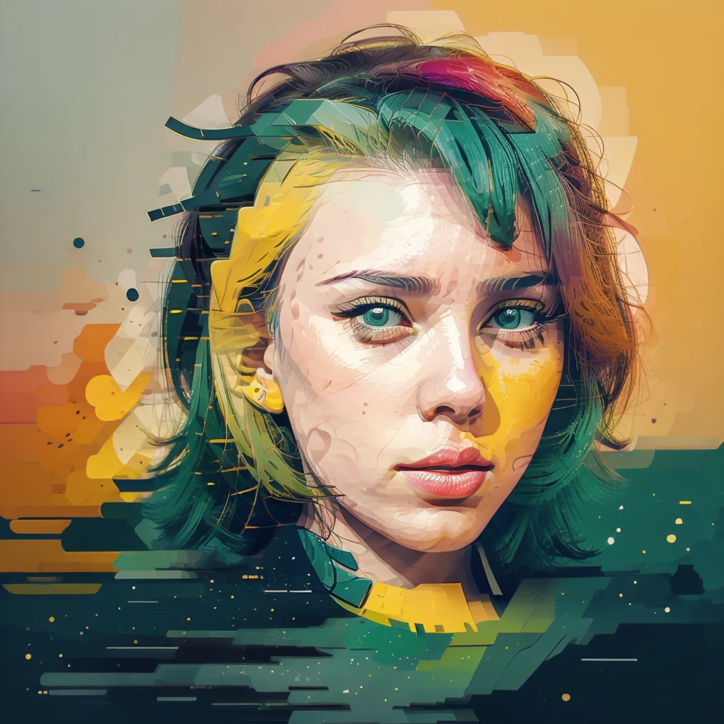 Scarlett Johansson American actress , black widow, 2D, mostly using color code dark green and mustard palette, dark gray green, dark green mustard pastel color, using very little dark green warm colors with tonal combination With green and mustard color, particle face, the face should be geometric and abstract cubism. Style, dark gray green, face blend with background