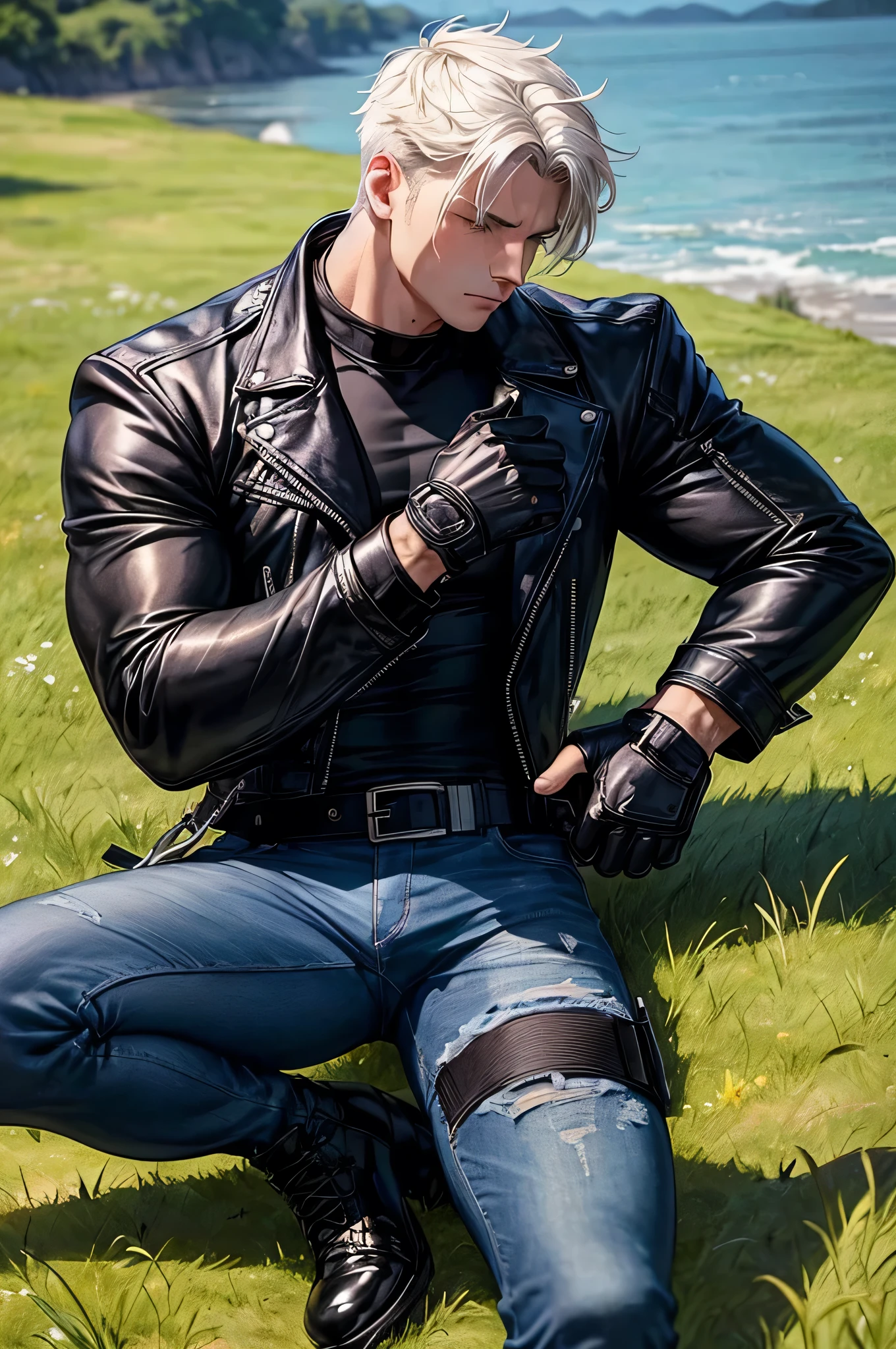 A muscular young man , wearing a white round-neck shirt and a black leather jacket over it, wearing blue jeans, black motorcycle gloves, a black belt, and black combat boots and a holster strap for a handgun on his thigh , sleeping arms crossed, on a meadow . Anime.