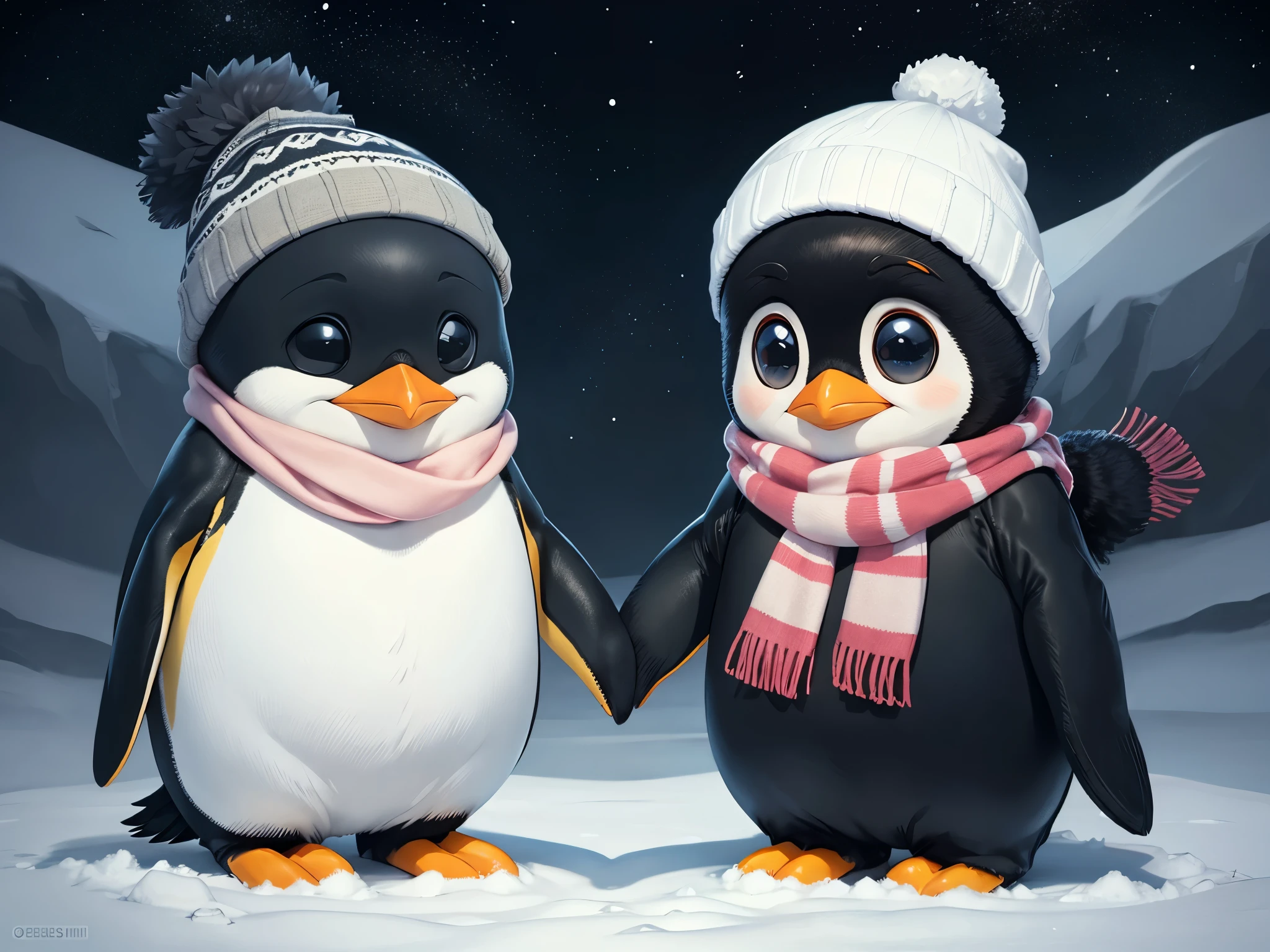 Penguin couple holding hands, scarf, cute penguin, male penguin, female penguin, bow, winter, ((chibi)), smi realistic, cute penguin, smiling, wearing a beanie 