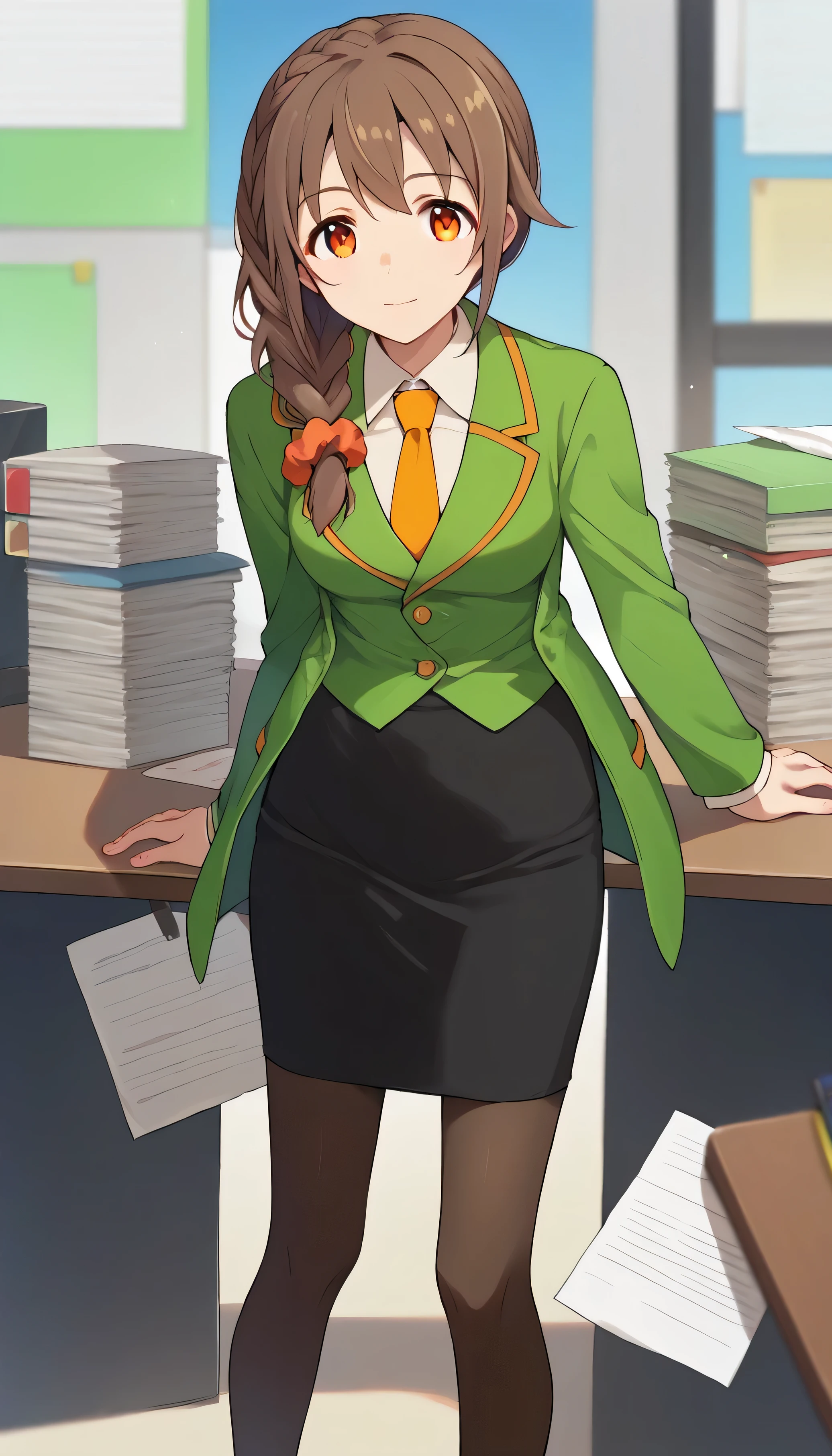 score_9, score_8_up, score_7_up, source_anime, best quality, masterpiece, office,
human, solo, sosenkawa chihiro, cosChihhi, brown hair, orange eyes, side braid, red scrunchie, green jacket, black pantyhose,  black pencil skirt, yellow necktie,
