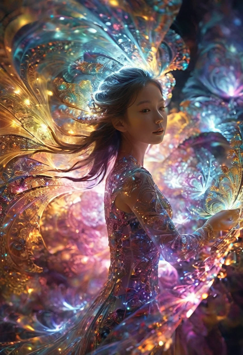 fractal,glowing,1girl,blingbling,Motion blurred,