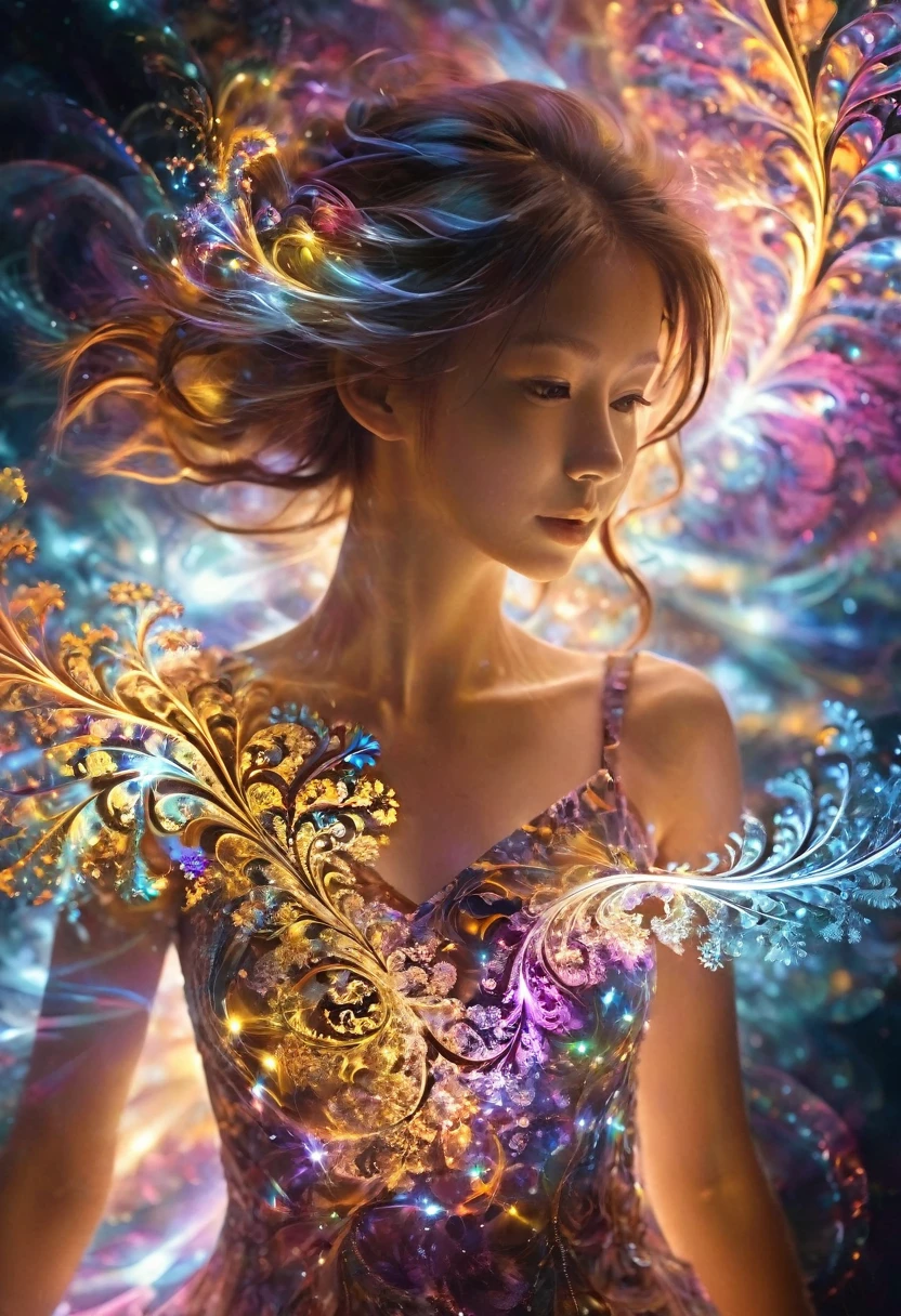 fractal,glowing,1girl,blingbling,Motion blurred,