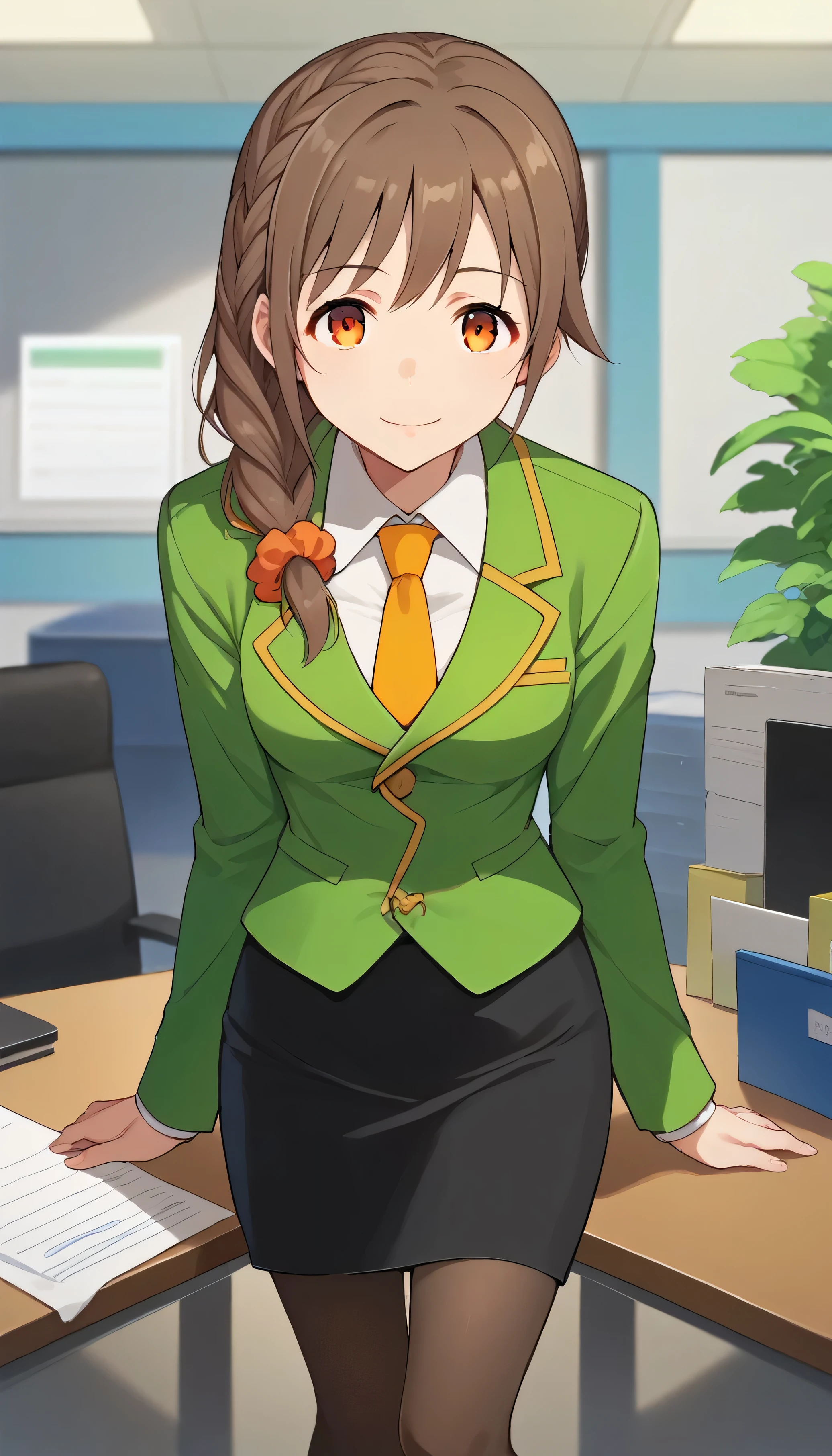 score_9, score_8_up, score_7_up, source_anime, best quality, masterpiece, office,
human, solo, sosenkawa chihiro, cosChihhi, brown hair, orange eyes, side braid, red scrunchie, green jacket, black pantyhose,  black pencil skirt, yellow necktie, three-piece suit, blazer, waistcoat
