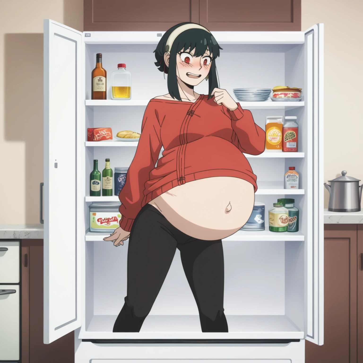 I look at the viewer, One, yorforger,1 girl, ((medium breast)), ((belly stuffed)), ((huge belly)), ((Very drunk)), ((staggers)), black hair, Red eyes, short hair with long strands, white hair band, from the shoulder, ((red sweater)), black tights, ((drank too much)), ((exhausted)), ((excited)), ((in front of the refrigerator)), ((Outdoor refrigerator)), ((lean on the fridge)),