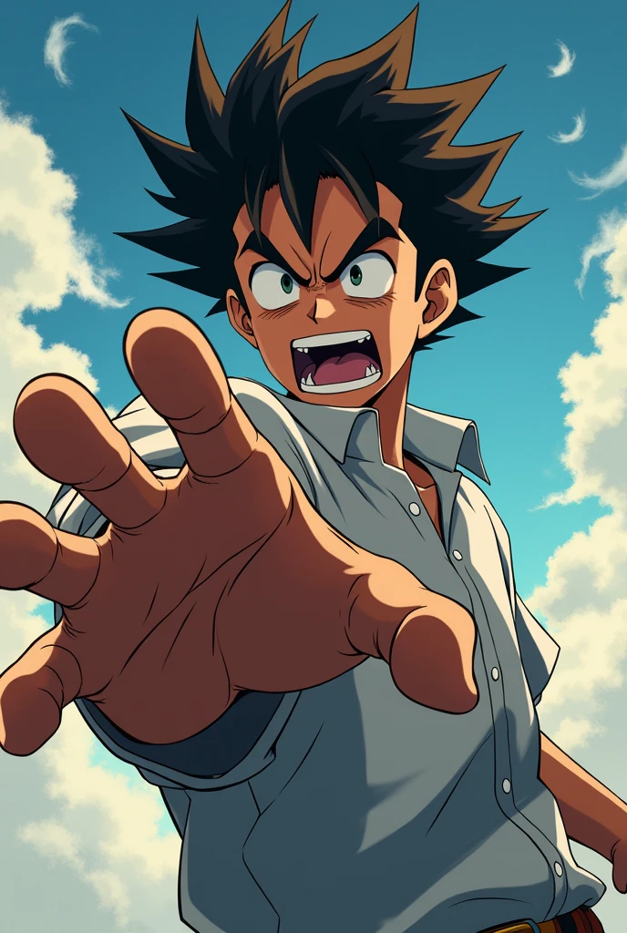 about ,Extend your right hand,The expression on his face was very angry,Takes up a quarter of the picture,Background is sky、Drawing style like anime pictures