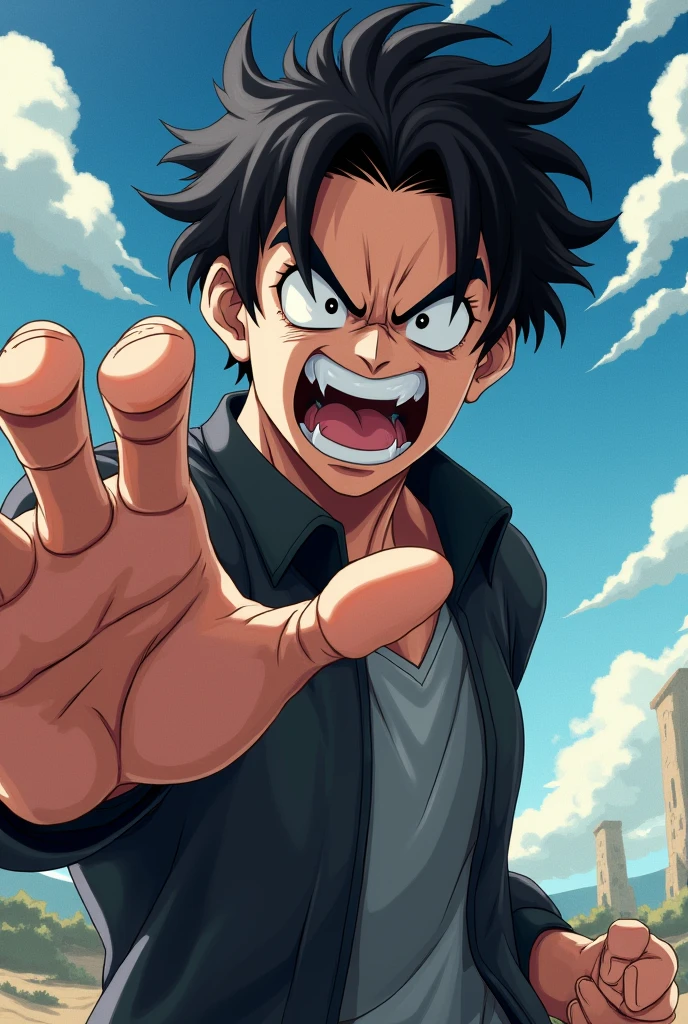 about ,Extend your right hand,The expression on his face was very angry,Takes up a quarter of the picture,Background is sky、Drawing style like anime pictures
