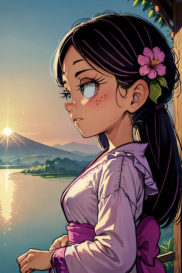 Best Quality, masterpiece, extremely detailed, detailed background, detailed eyes, cheered up, 1 girl, pretty eyes, young girl, long hair girl, expressive face, kimono, retro, landscape del monte fuji, outdoor, Sunset, beautiful sky, picnic at the lake, landscape, scenery, horizon, mountain sitting near the mountain, wind, flower petal, spring, looking away, atmospheric lighting, reflection, naturalist, detail, Realism. relaxation, beauty, Focus only, close up, on one side, depth of field, 