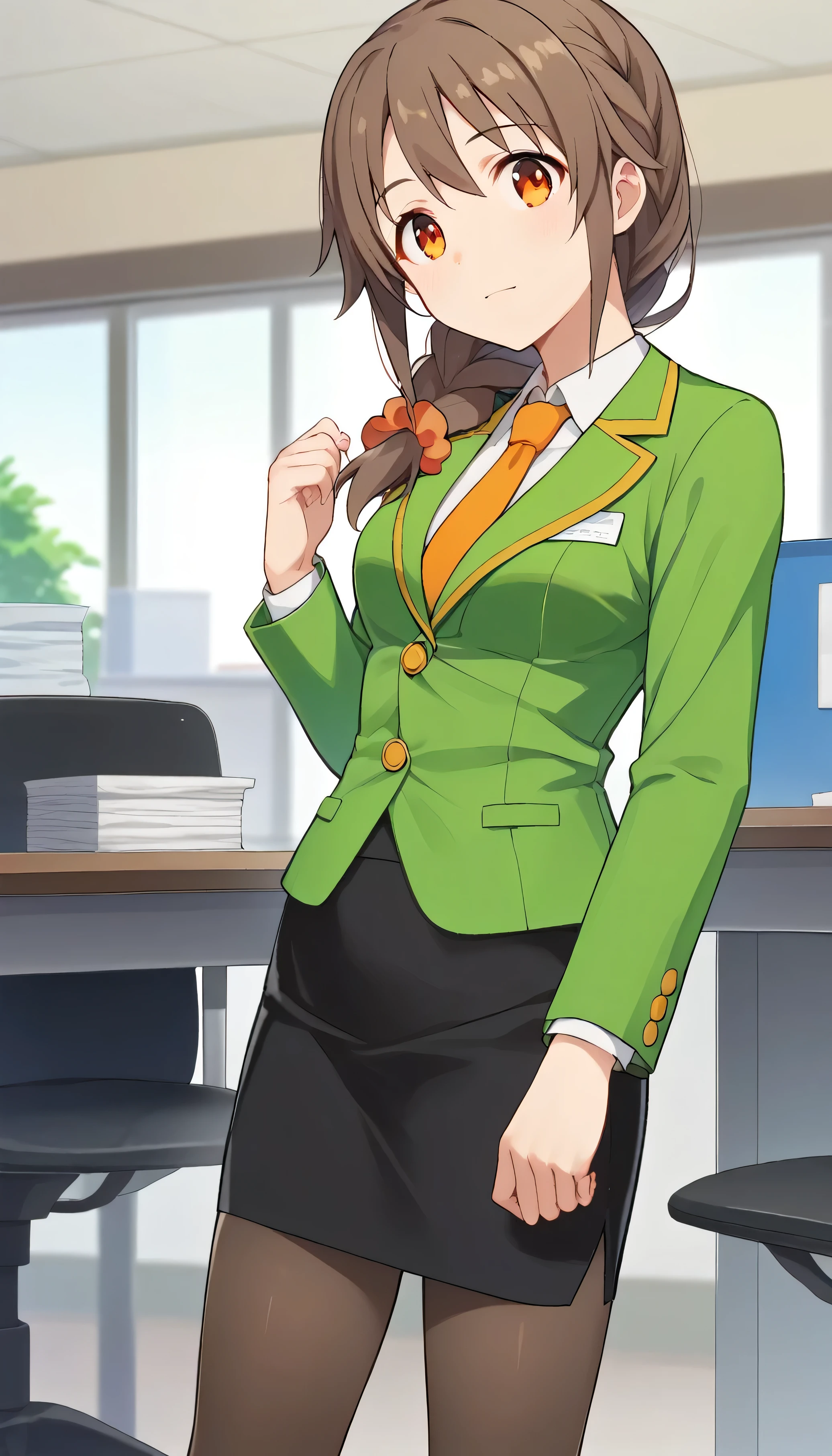 score_9, score_8_up, score_7_up, source_anime, best quality, masterpiece, office,
human, solo, sosenkawa chihiro, cosChihhi, brown hair, orange eyes, side braid, red scrunchie, green jacket, black pantyhose,  black pencil skirt, yellow necktie, three-piece suit, blazer, waistcoat
