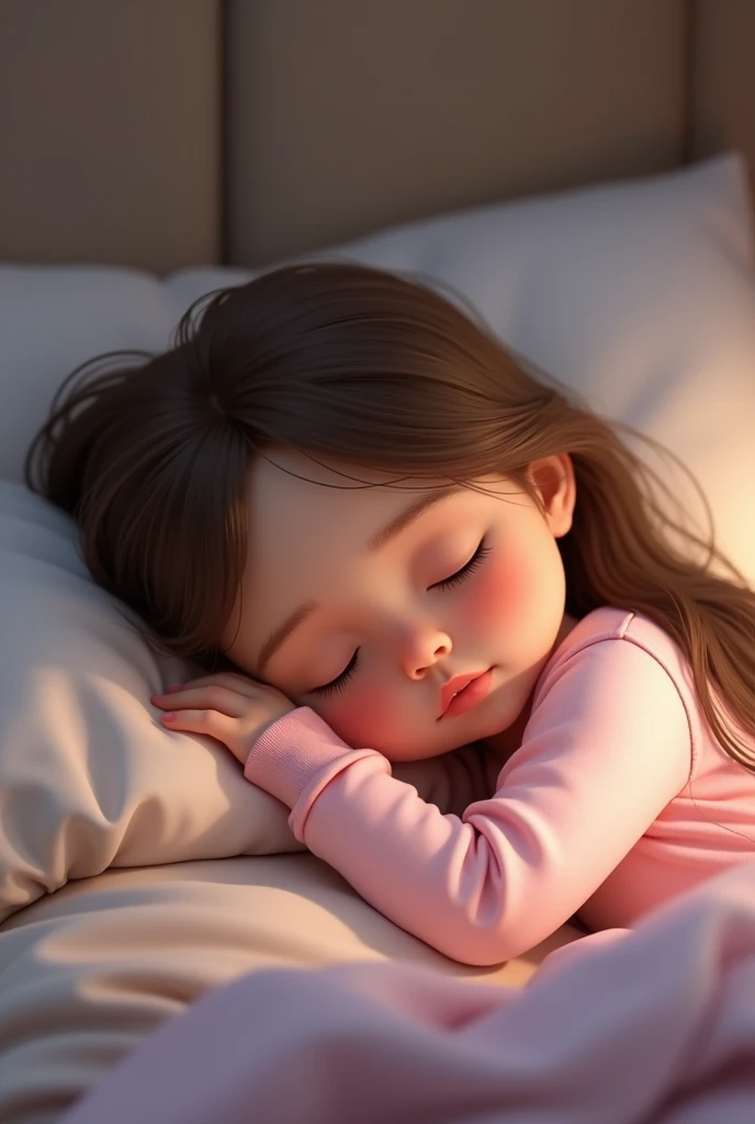 sleeping girl, 2, realistic, She wore long pink pajamas., brown hair.