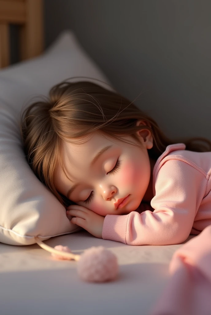 sleeping girl, 2, realistic, She wore long pink pajamas., brown hair.