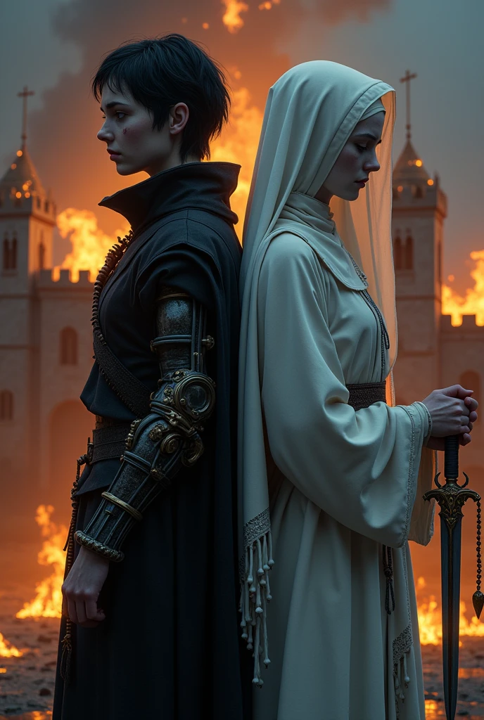 Two pale young women of the Middle Ages standing back to back with violet eyes, with the one on the left with a suffering eye, dark alchemist clothes and left arm with a steampunk technology prosthesis, holding a dagger with baphomet symbol, short black hair with a cut on the face, and the one on the right with white nun clothes holding a rosary with sad closed eyes long white hair with a burning castle behind , the night