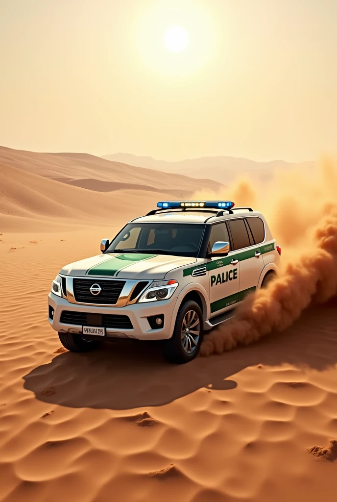 A Dubai Police Nissan Patrol car driving in the desert 