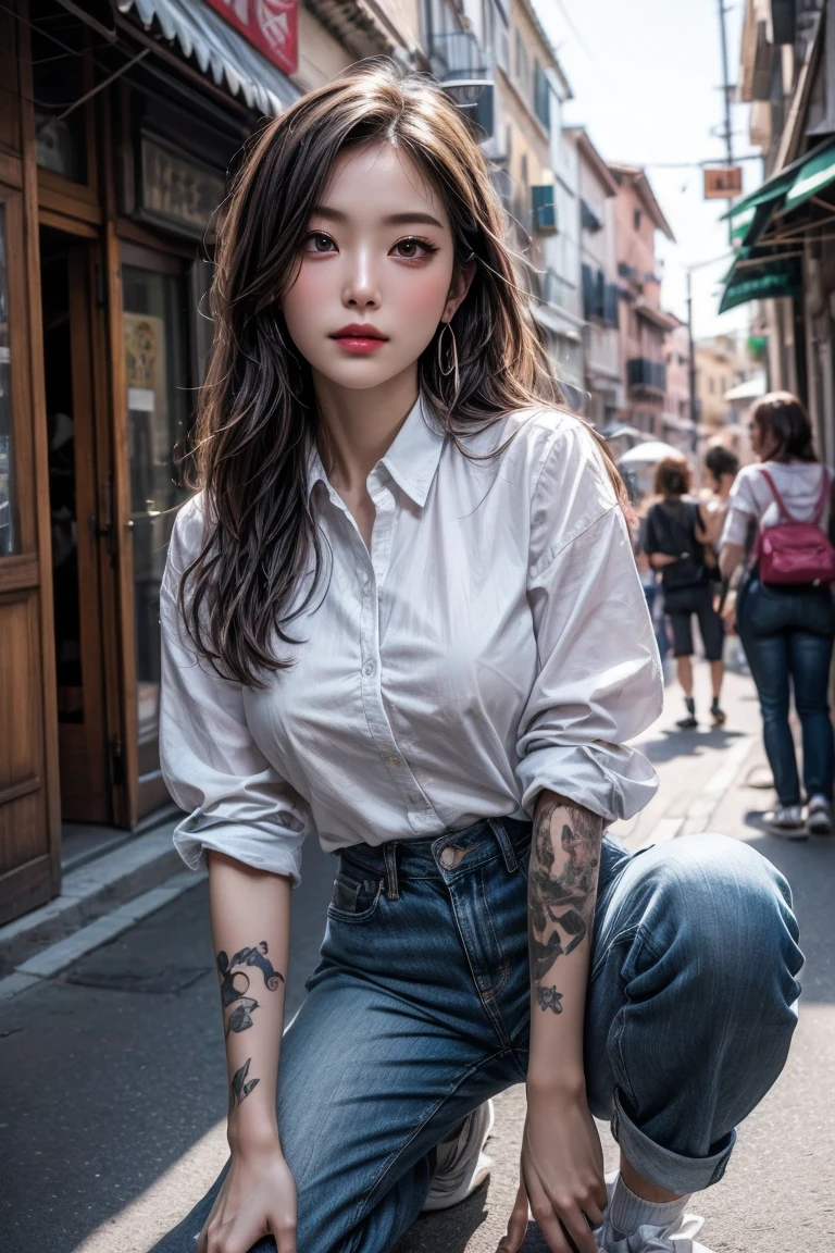 (masterpiece:1.4),(Highest quality:1.4),超High resolution,((Detailed facial features)),High resolution,8k resolution,One person,blue sky,Mouth is distorted / :3,(Shiny),Sadako,street,shirt,Earrings,Short jeans,Large Breasts, Wet Skin,Shiny skin,, ,Wear socks over your knees,View your viewers,Fits perfectly to the skin,Focus Only,Mischievous face,Living in Italy,I have a tattoo on my arm