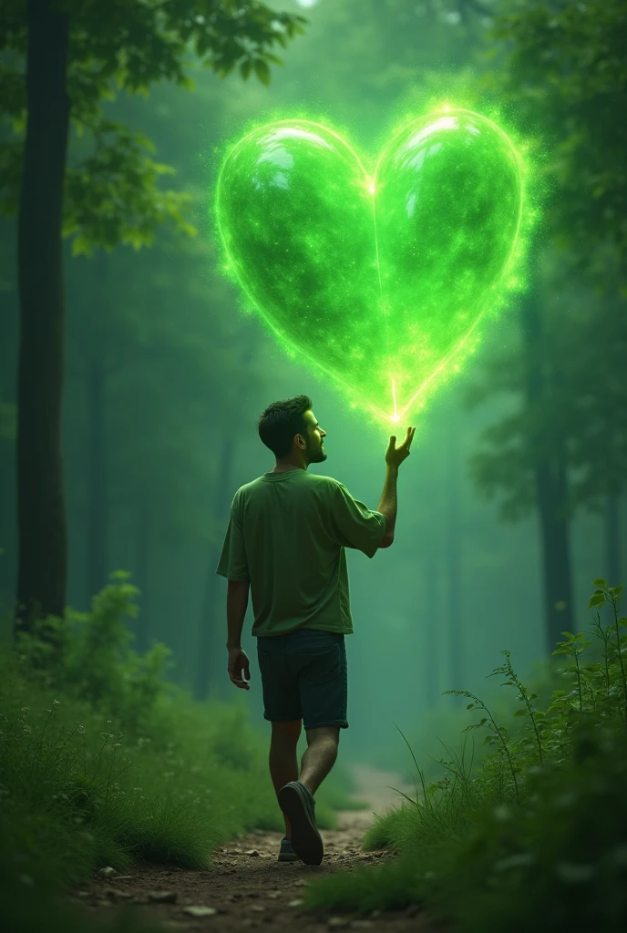 A man is walking and holding a green heart in his hand