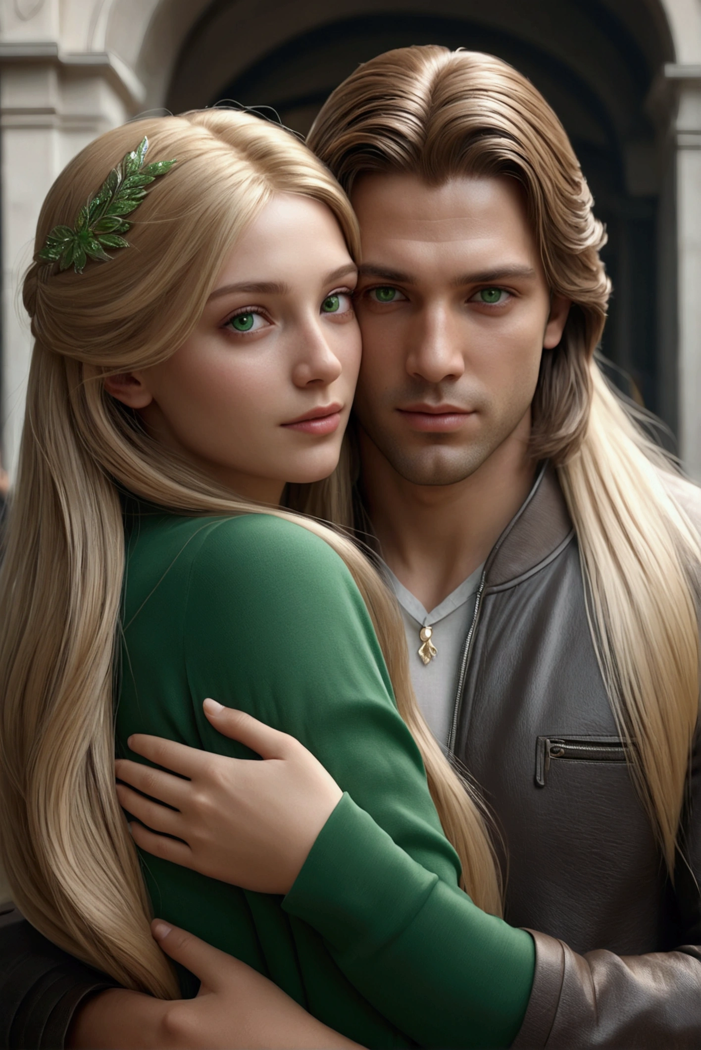 A couple he medium  brown hair and eyes she blonde long hair green eyes hugging in Milan 8k ultrarealistic photorealistic 