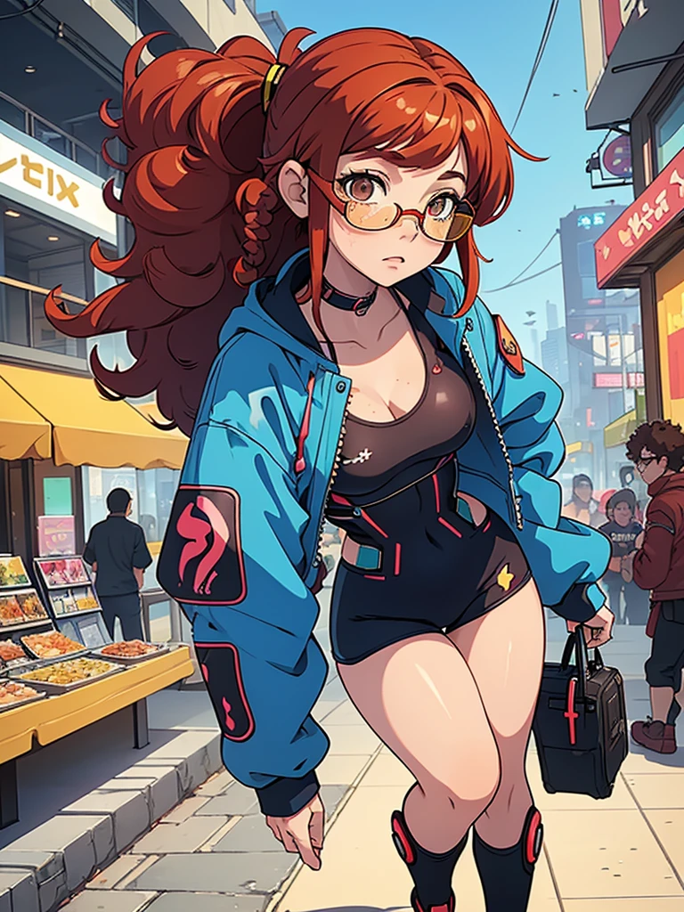 (masterpiece), (best quality), 1 girl, red hair,((brown eyes)),curly hair, (short curly hair) , brown eyes, anime style, freckles, (mall breast, (petite figure), (blue outfit),(cyberpunk clothes)),legs, desert background, (yellow glasses)