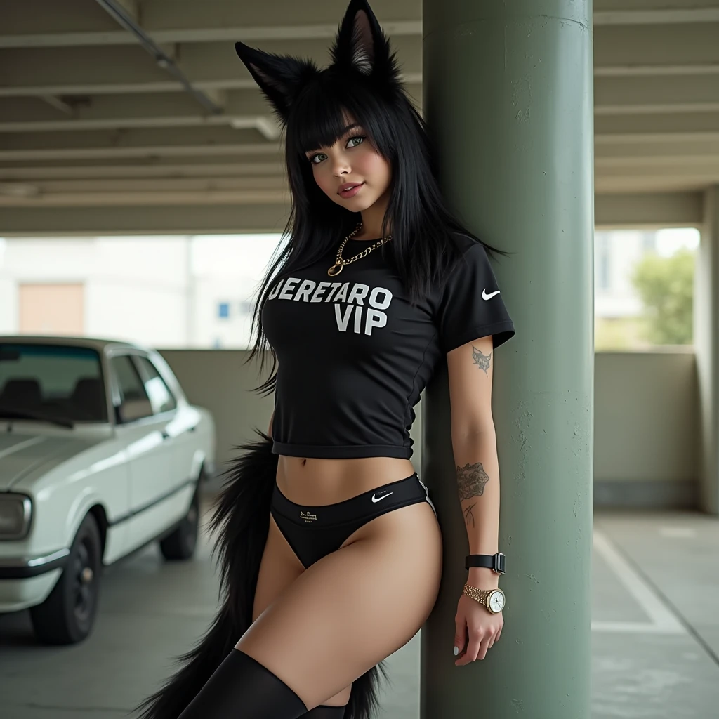 women, 18 years, huge breasts, very big buttocks, black fur, White skin, green eyes, Athletic legs, full black lingerie, Black short fitted t-shirt with the legend: "Queretaro VIP", black nike tennis shoes, fox ears, Fox tail, flashy watch on wrist, gold chain, leaning on a pillar, in underground parking