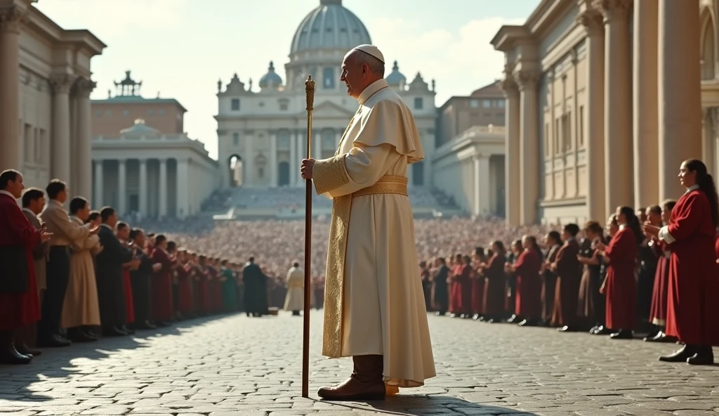 Scene set in St. Peter's Square in the Vatican. The focal point of this image is the Pope and the brown leather no laces high-top boots that the Pope is wearing. The Pope wears a white robe with a mantle and holds a long papal staff. The backdrop is St. Peter's Square in the Vatican filled with people. The scene captures the moment of religious significance and the historical and artistic richness of St. Peter's Square. Ultrarealistic Ultrarealistic photo, 16k, ultra high resolution, photorealistic, Ultra HD