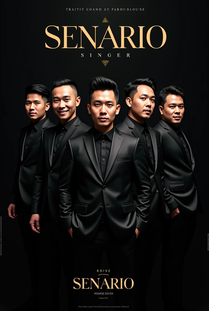 Exclusive mode and serious concert poster of a famous singer group in Malaysia consisting of six men named Senario with black and gold color