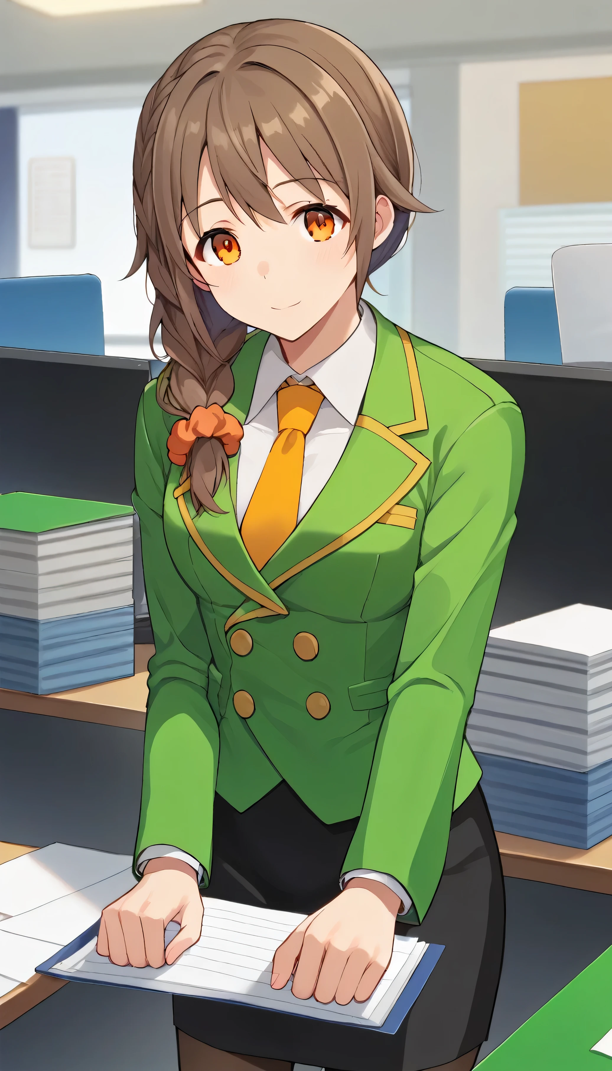 score_9, score_8_up, score_7_up, source_anime, best quality, masterpiece, office,
human, solo, sosenkawa chihiro, cosChihhi, brown hair, orange eyes, side braid, red scrunchie, green jacket, black pantyhose,  black pencil skirt, yellow necktie, three-piece suit, blazer, waistcoat, double-breasted suit jacket
