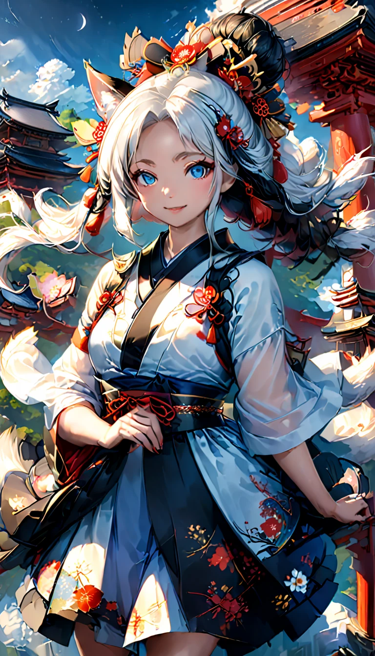 Ink painting, (((1 girl))), (((Tattoo in the middle of the forehead))),(((In the background is the Akatsuki moon))), (((Oiran))), (((Great hair accessories))), Demon possession, ((Masterpiece:1.2)), ((Highest quality)), Extremely detailed and delicate illustration style, Detailed leather texture, Detailed canvas texture, Very detailed description, (Masterpiece T), Extremely beautiful illustration, Highly detailed face, Raw image, professional, Ultra-high resolution panel, Complex details, Superior detail, Intricate decoration details, Perfect anatomy, real, (Very beautiful and cute black and white colored fox woman or girl with blue eyes wearing kimono), ((آذان الثعلب black hair, White hair, multicolor, the beautiful)), (Beautiful black and white colored fox tail), (black hair, White evil, Beautiful and shiny), (((She has claws on her hands.))), (((She has long fangs.))), (Beautiful and clear blue eyes), (Beautiful detailed eyes:1.6), (Traditional black and white detailed costume), Front view, White flower kimono, Black white colorful hakama long skirt, A maxi skirt, Modestly dressed, He smiles, ((Standing and looking at me)), ((The day)), (Extremely detailed and beautiful Japanese temple construction), (8K Highest quality wallpaper), (Extremely detailed and delicate background)