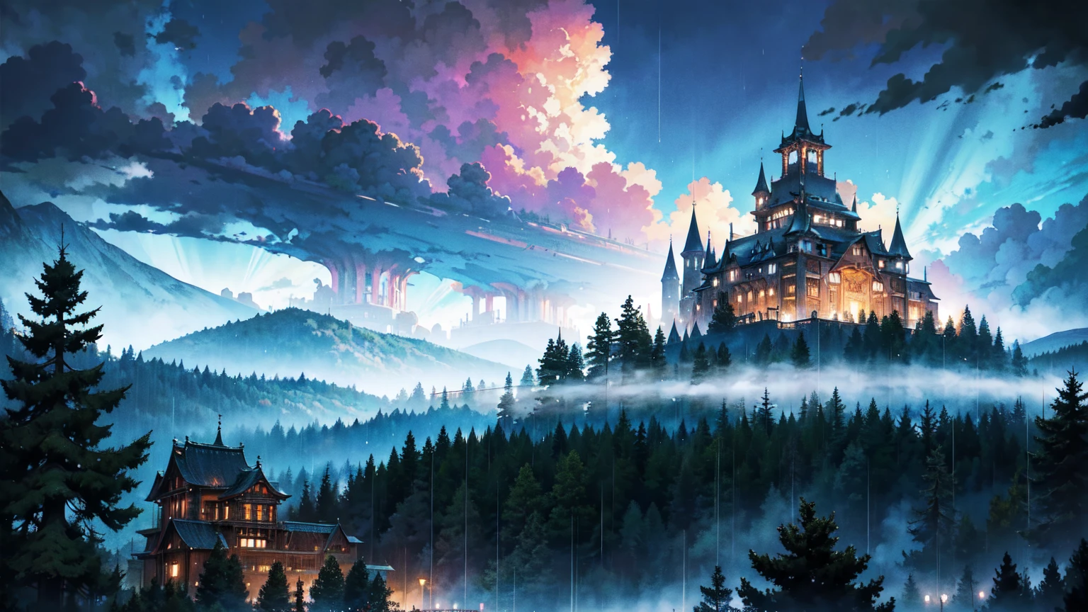 Colorful and bright picture. Nostalgic. Makoto Shinkai. A splendid Western-style library beyond the forest. Beautiful composition. Night, heavy rain. A Western-style castle-like library beyond the forest. Vivid. Rainy sky. Fantastic, with the forest in the foreground and the library in the background.