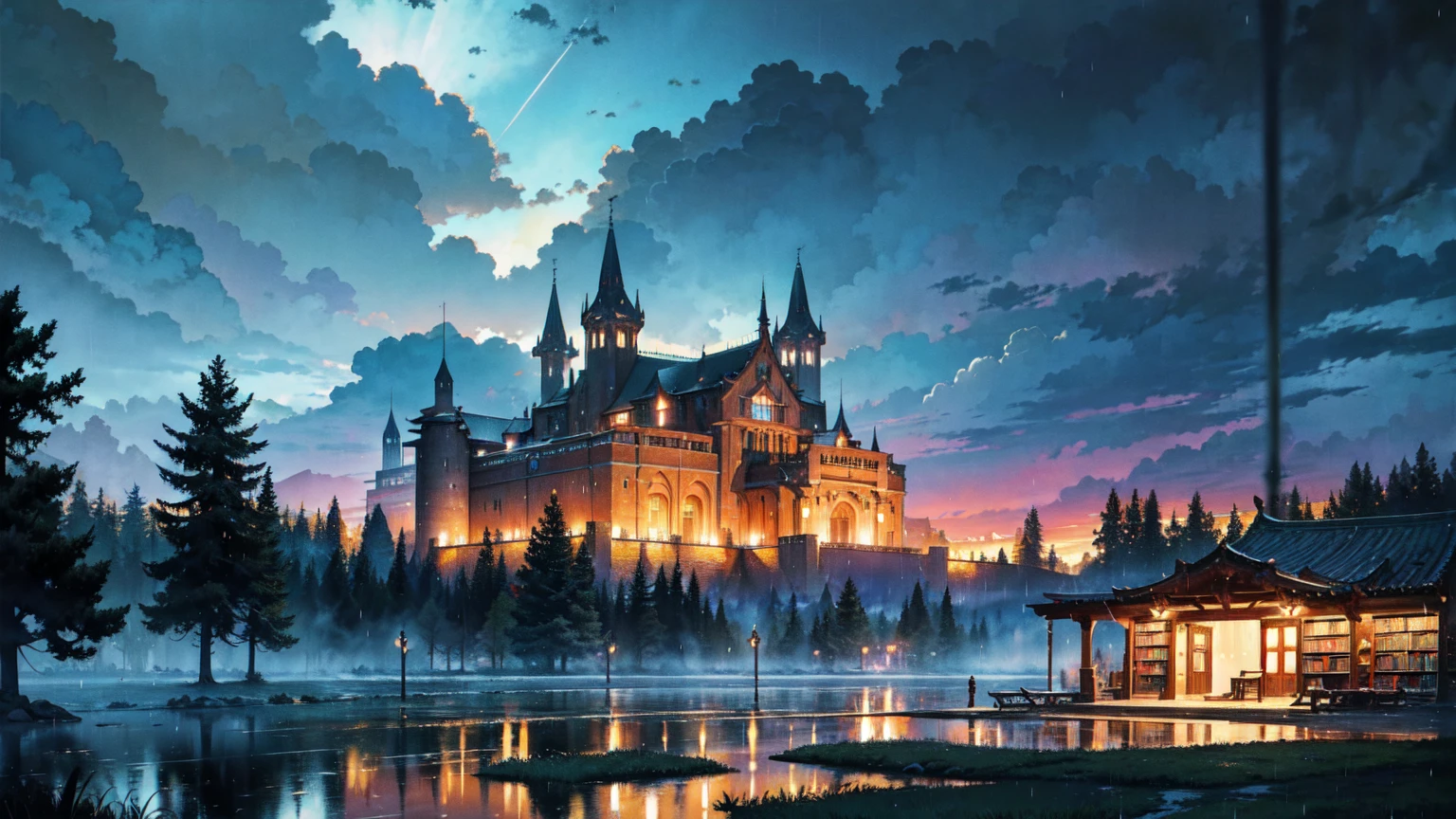 Colorful and bright picture. Nostalgic. Makoto Shinkai. A splendid Western-style library beyond the forest. Beautiful composition. Night, heavy rain. A Western-style castle-like library beyond the forest. Vivid. Rainy sky. Fantastic, with the forest in the foreground and the library in the background.