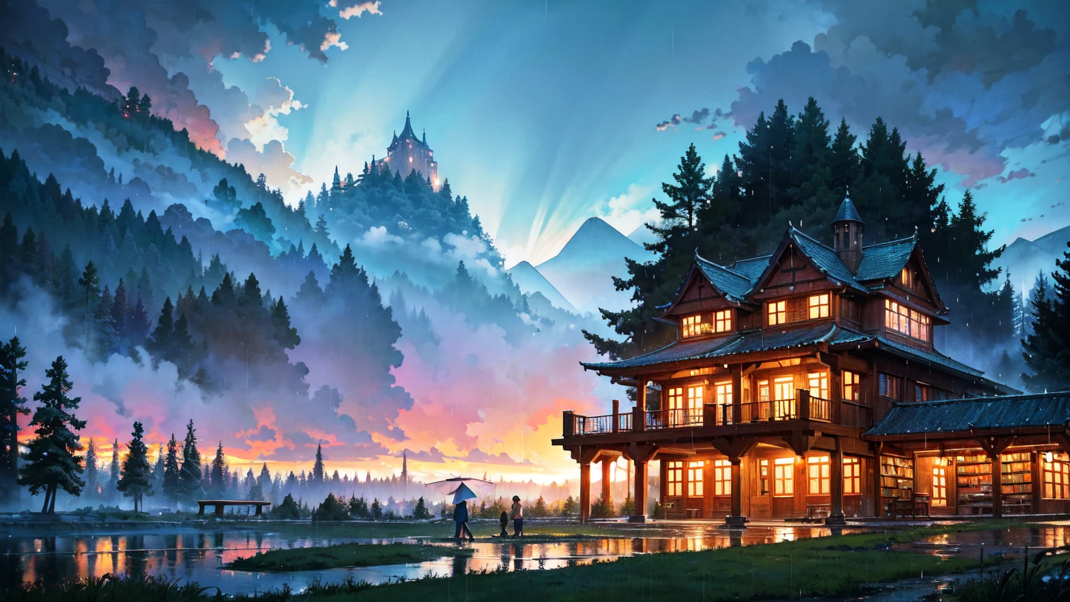 Colorful and bright picture. Nostalgic. Makoto Shinkai. A splendid Western-style library beyond the forest. Beautiful composition. Night, heavy rain. A Western-style castle-like library beyond the forest. Vivid. Rainy sky. Fantastic, with the forest in the foreground and the library in the background.