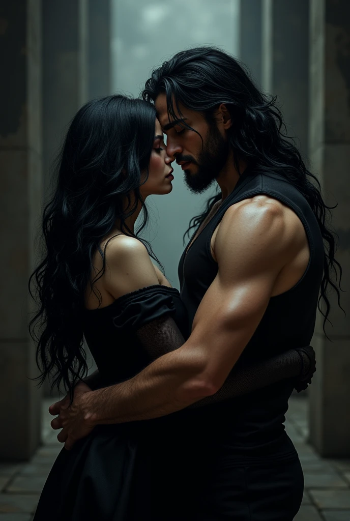 Black haired woman with a very very handsome long black haired man in dark romance style