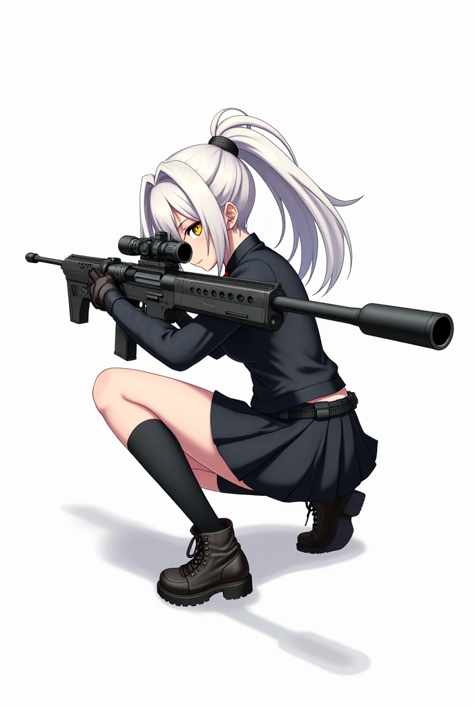 Medium-height anime girl, long white ponytail tail hair, yellow eye, aiming a futuristic sniper rifle while crouch position, wearing a black school uniform, long black socks, black eye patch, tactical gloves, tactical boots. Manga art style with white background